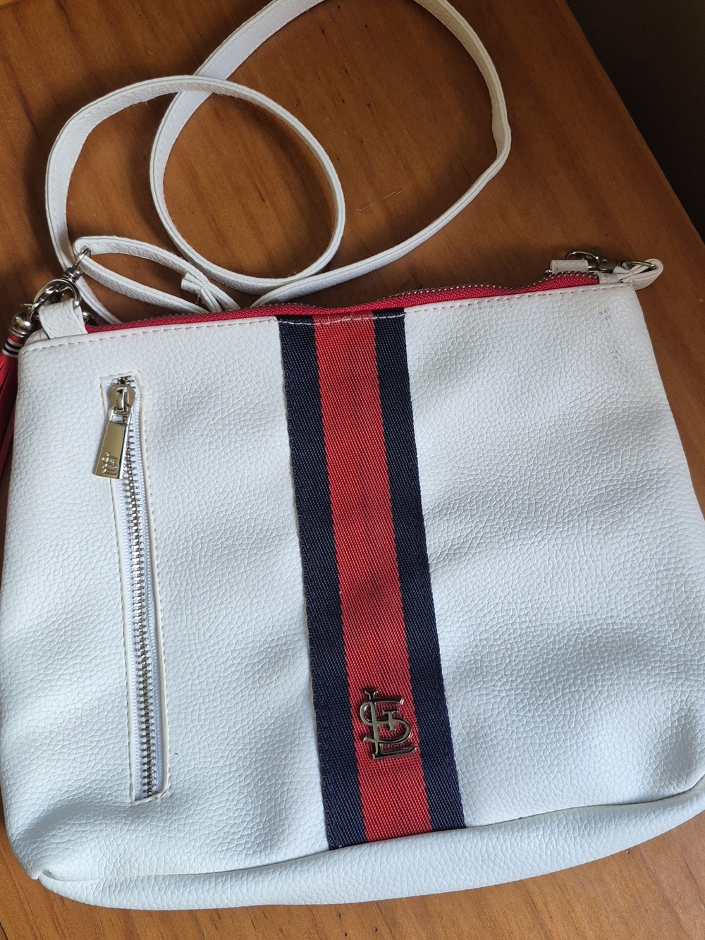 St Louis Cardinals White Crossbody Bag with Red & Navy Stripe